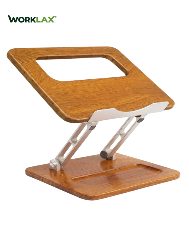 WORKLAX Wooden Laptop Stand – Adjustable Height & Angle – Storage Slot – Up to 15.6″