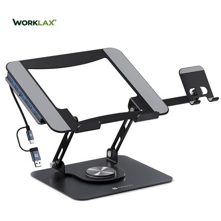 WORKLAX K9 Pro Max – Laptop & Phone Stand with 6-in-1 USB Hub – 360° Rotation