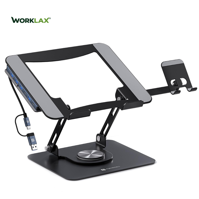 WORKLAX K9 Pro Max – Laptop & Phone Stand with 6-in-1 USB Hub – 360° Rotation