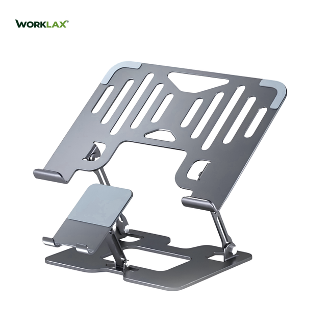 WORKLAX DuoStand 2-in-1 – Adjustable Laptop & Phone Stand – Foldable (Black)