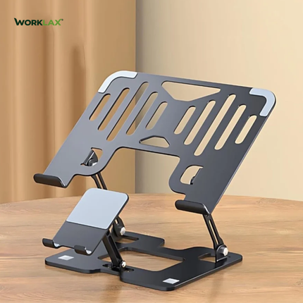 WORKLAX DuoStand 2-in-1 – Adjustable Laptop & Phone Stand – Foldable (Black)
