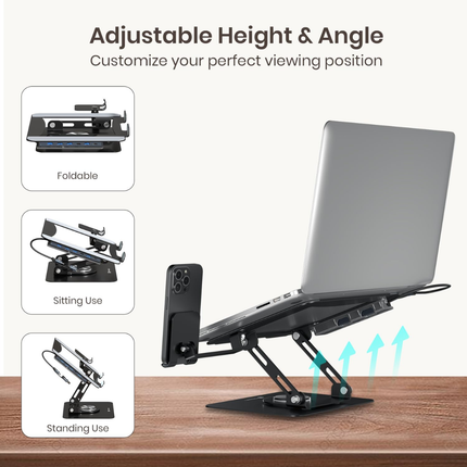 WORKLAX K9 Pro Max – Laptop & Phone Stand with 6-in-1 USB Hub – 360° Rotation