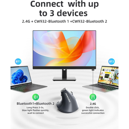 ONIKUMA CW932 Wireless Vertical Ergonomic Mouse – Rechargeable, Bluetooth + 2.4GHz, Multi-Device, 2400 DPI