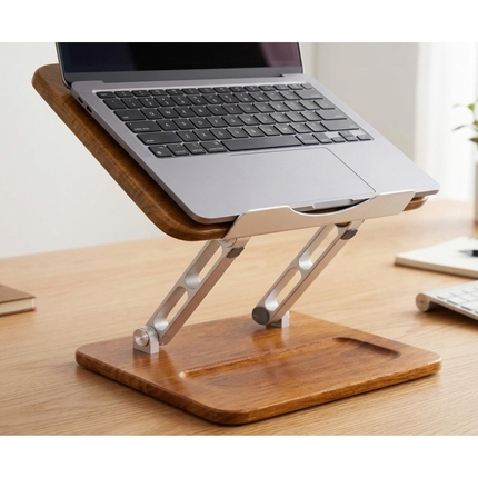 WORKLAX Wooden Laptop Stand – Adjustable Height & Angle – Storage Slot – Up to 15.6″