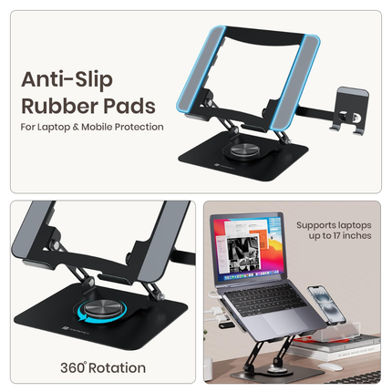 WORKLAX K9 Pro Max – Laptop & Phone Stand with 6-in-1 USB Hub – 360° Rotation