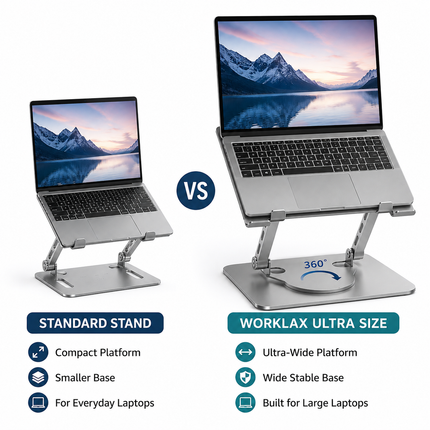 Worklax- Metal Laptop Stand, 360° Rotating - Ergonomic Ultra Size- Gray