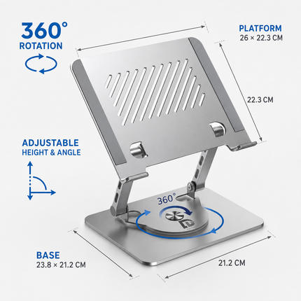 Worklax- Metal Laptop Stand, 360° Rotating - Ergonomic Ultra Size- Gray